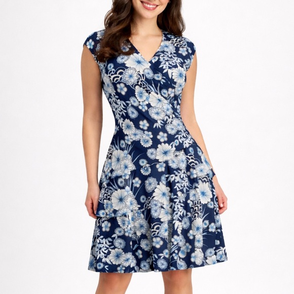 Robbie Bee Dresses & Skirts - 🆕Signature by Robbie Bee Blue Floral Faux Wrap Dress Petite Small PS Ruffle Midi
